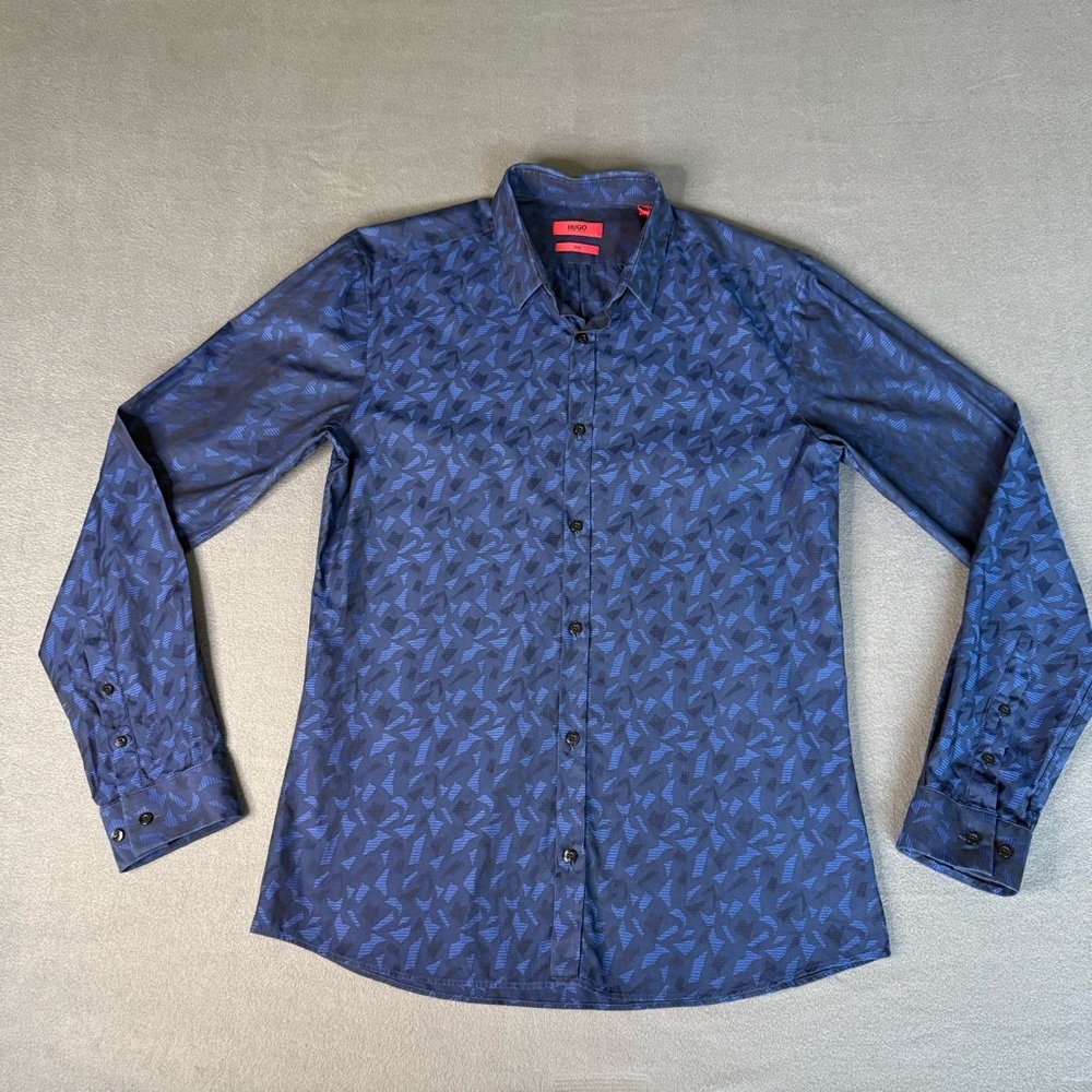 HUGO‎ Boss Slim Medium Navy Pattern Button Down Men’s Cotton Shirt